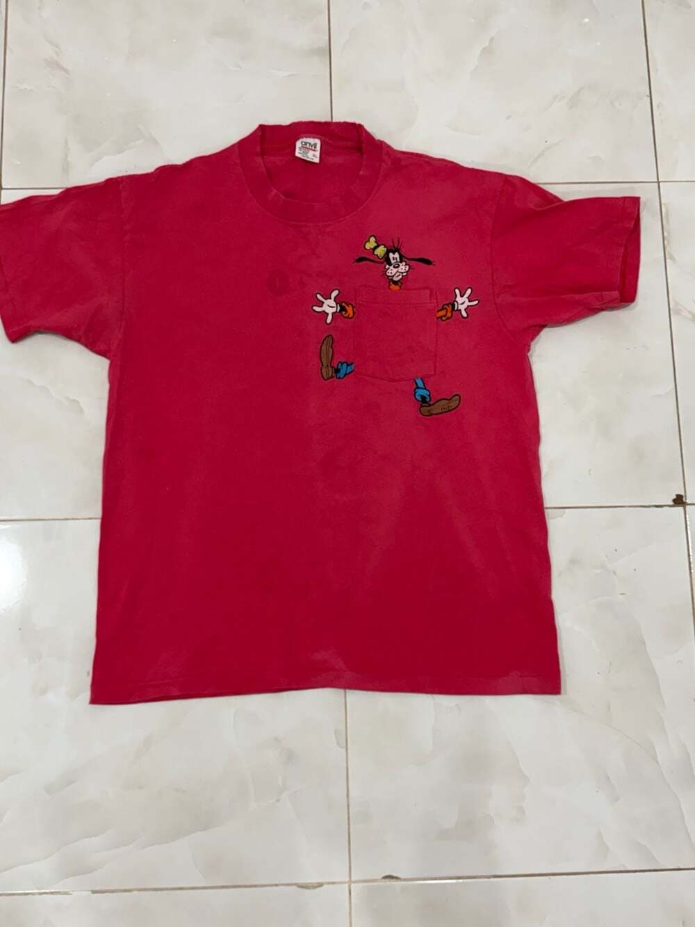 Vintage Anvil Disney Goofy Embroidered Red Pocket T-Shirt XL